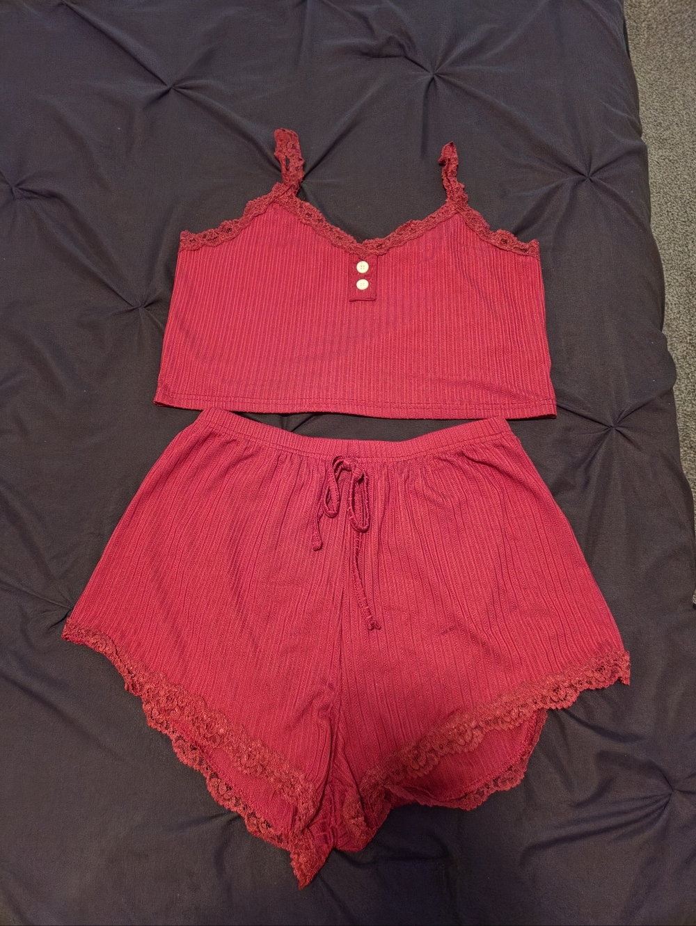SHEIN Red Ribbed Lace-Trim Cami & Shorts Pajama Set
